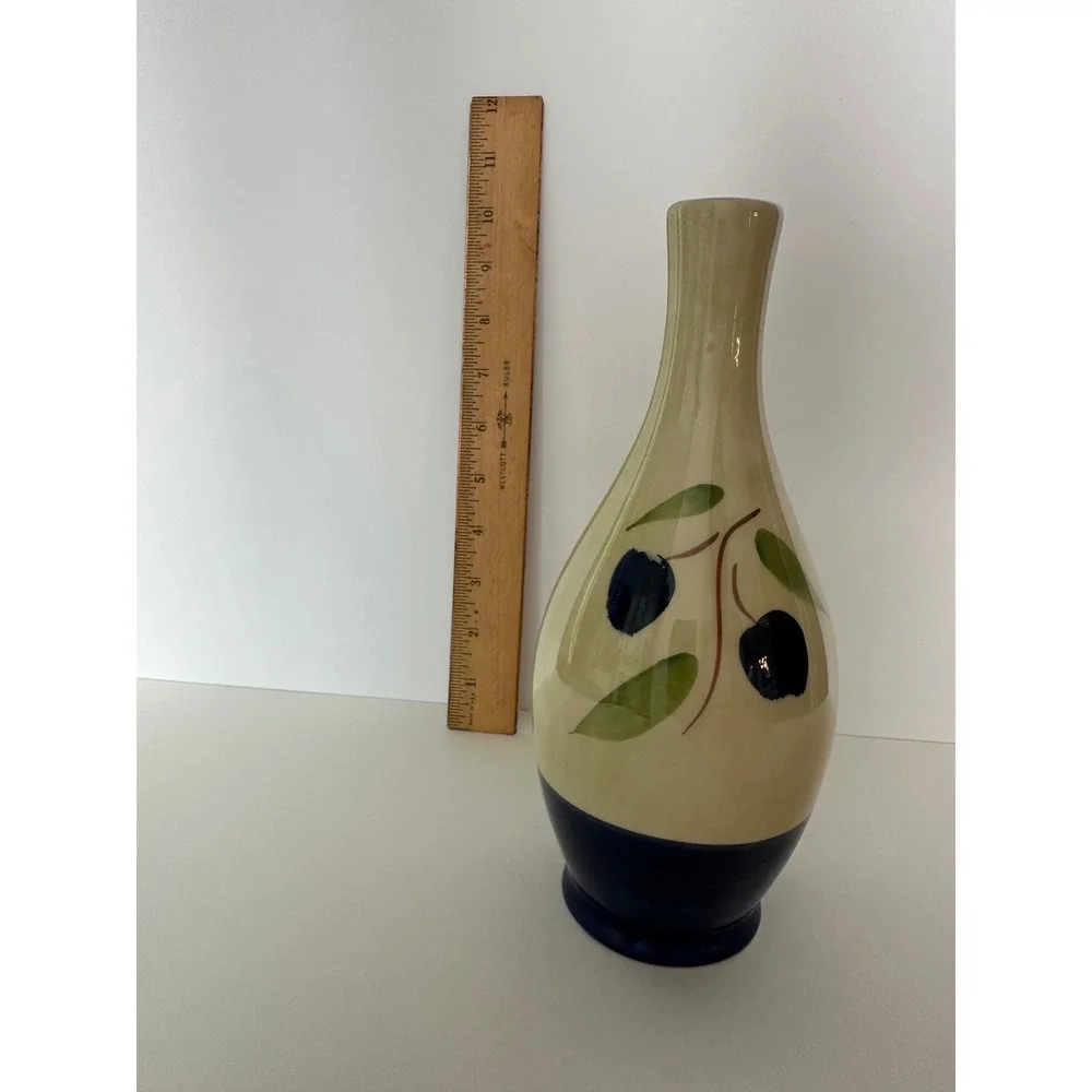 Ceramica AM Italy Hand Decorated Olive Branch Ceramic Vase Blue Cream 10 Inch